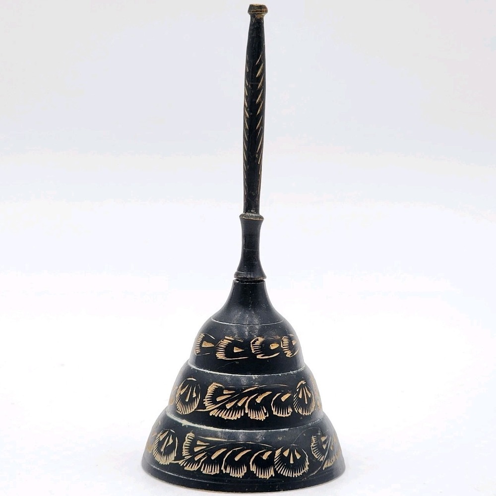 Vintage Etched Brass Hand Bell Black Enamel Floral Decor 5.25" Made in India